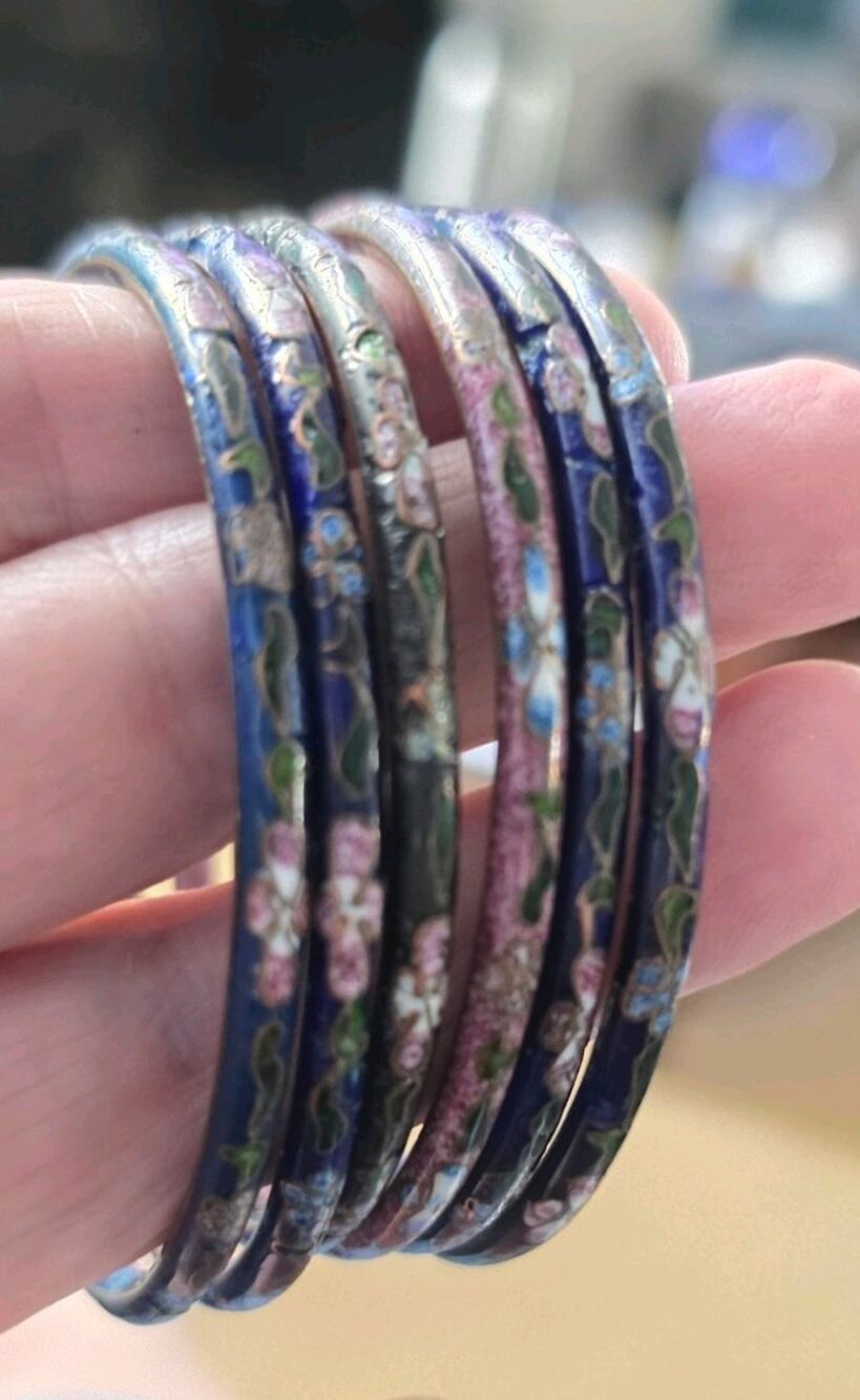 Vintage Cloisonne Enamel Floral Bracelets Set of 6 Multicolor Stackable 7.75"
